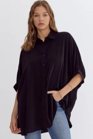 Black Collared Button Up Oversize Top