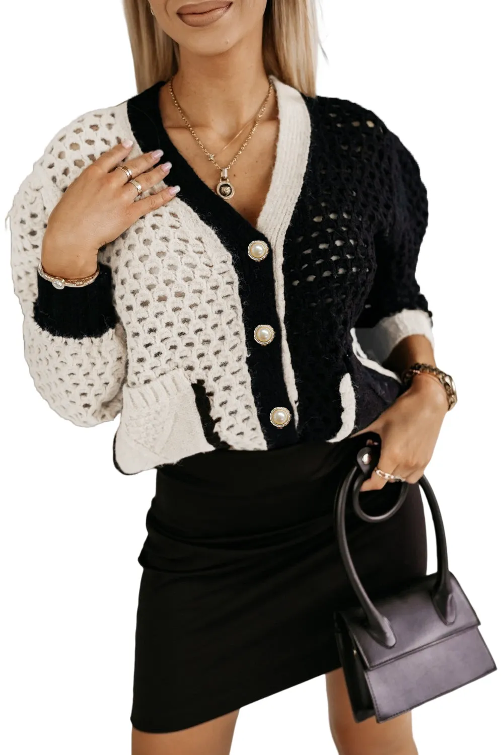 Black Colorblock Oprn Knit Flower Button Cardigan