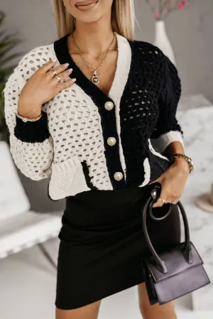 Black Colorblock Oprn Knit Flower Button Cardigan