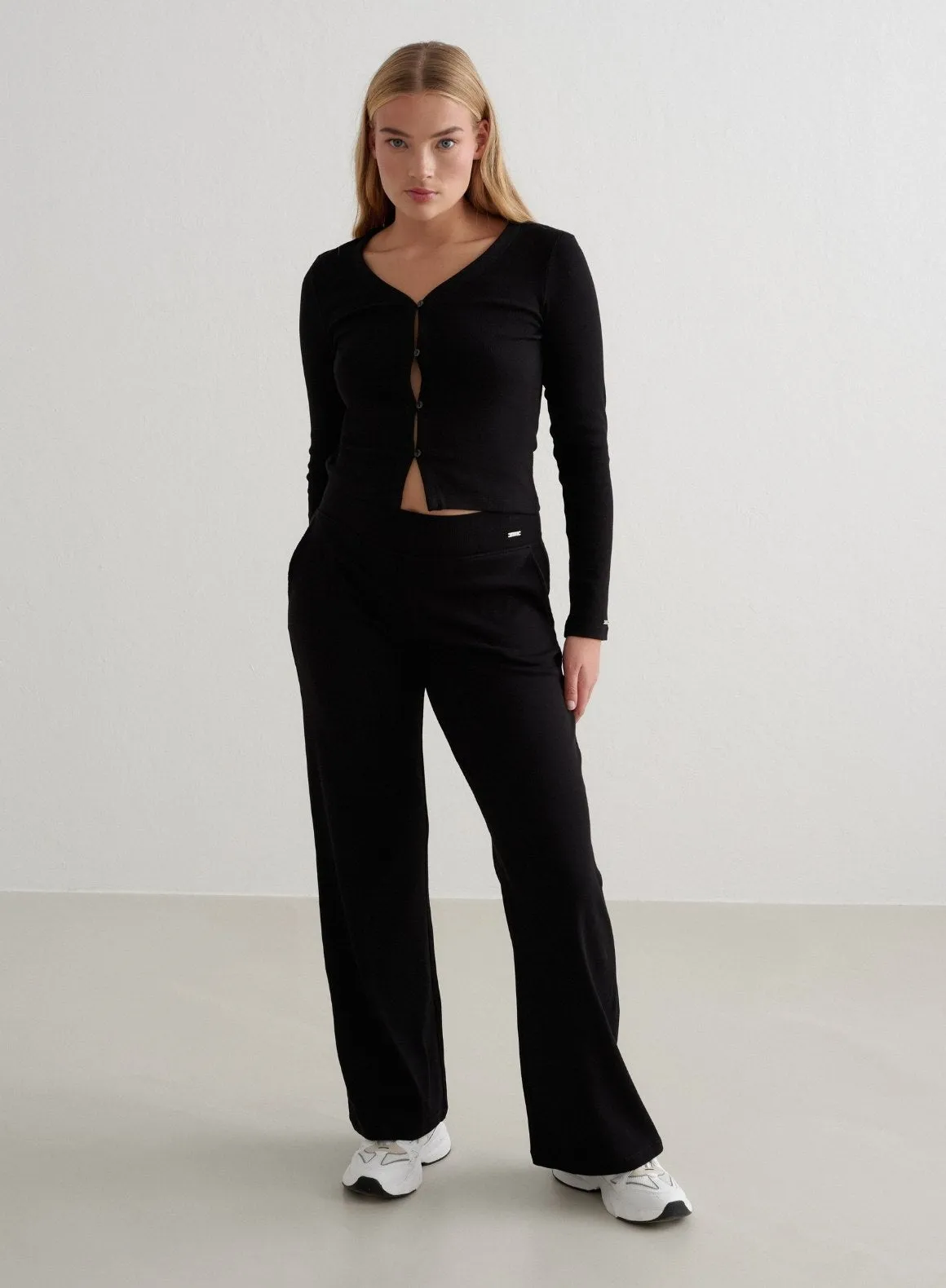 Black Ease Ribbed Wide Pants