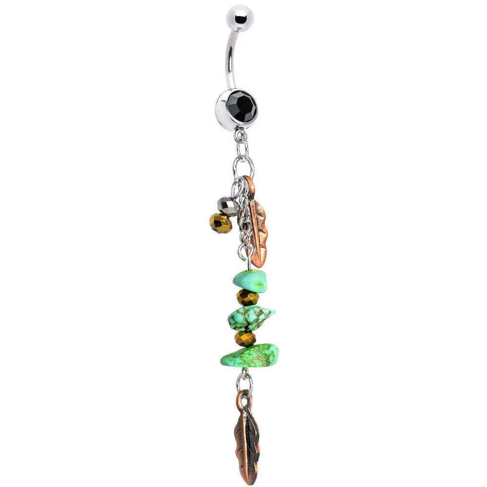 Black Gem Turquoise Copper Feathers Dangle Belly Ring