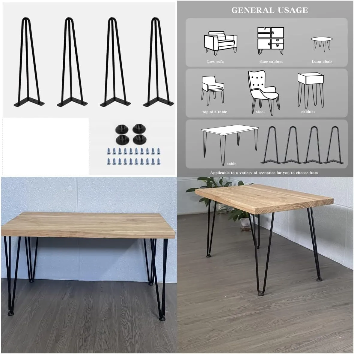 Black Hairpin Table Legs | 3 Rods | Set of 4 | Includes Feet and Screws