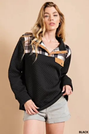 Black Quilted Snap Button Pullover with Elbow Patches