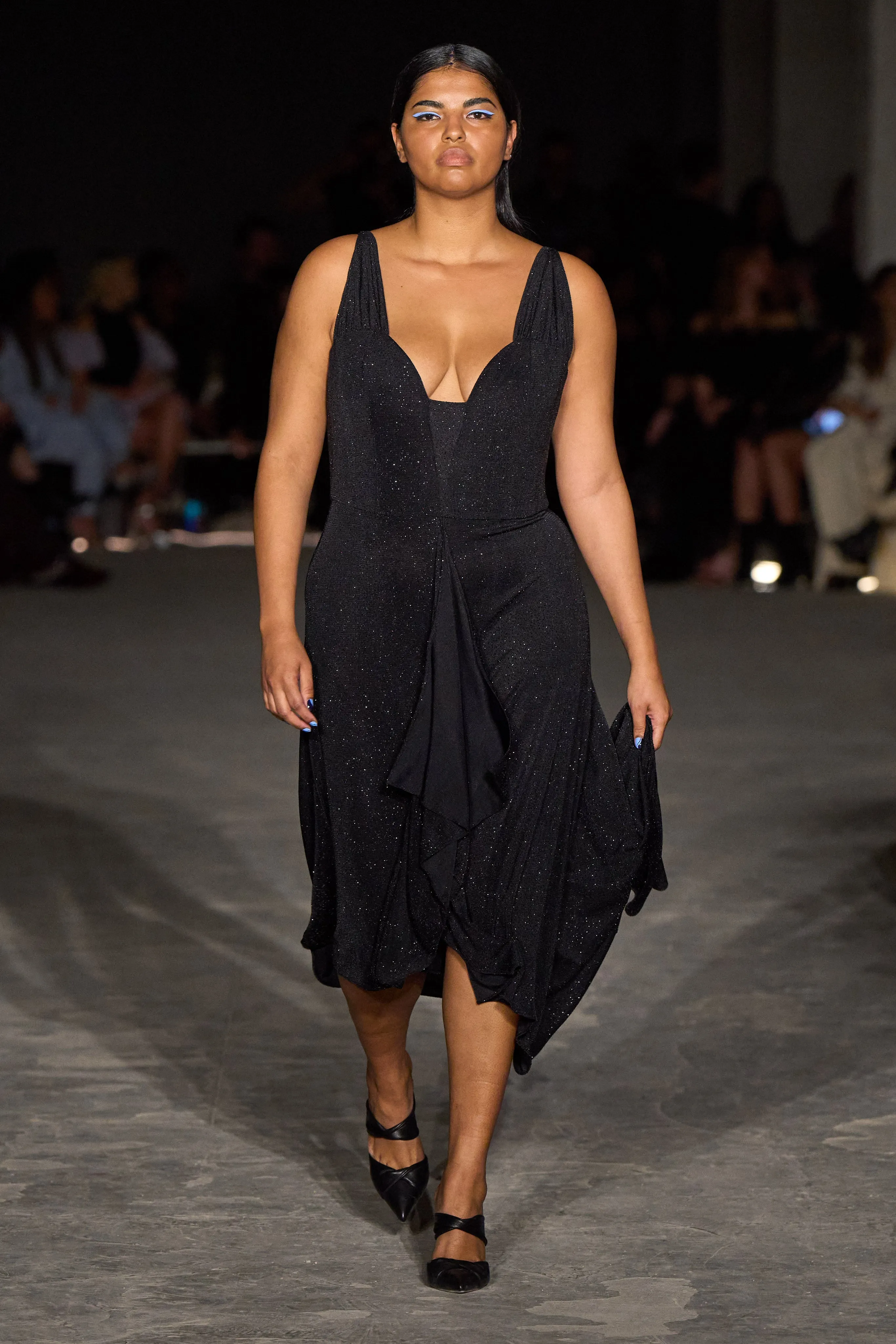 Black Shimmer Front Ruffle Dress