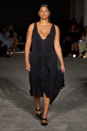 Black Shimmer Front Ruffle Dress