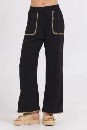 Black Wide Leg Pant with Tan Whip Stitch