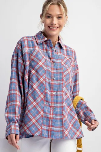 Blue & Red Mix Oversize Plaid Button Front