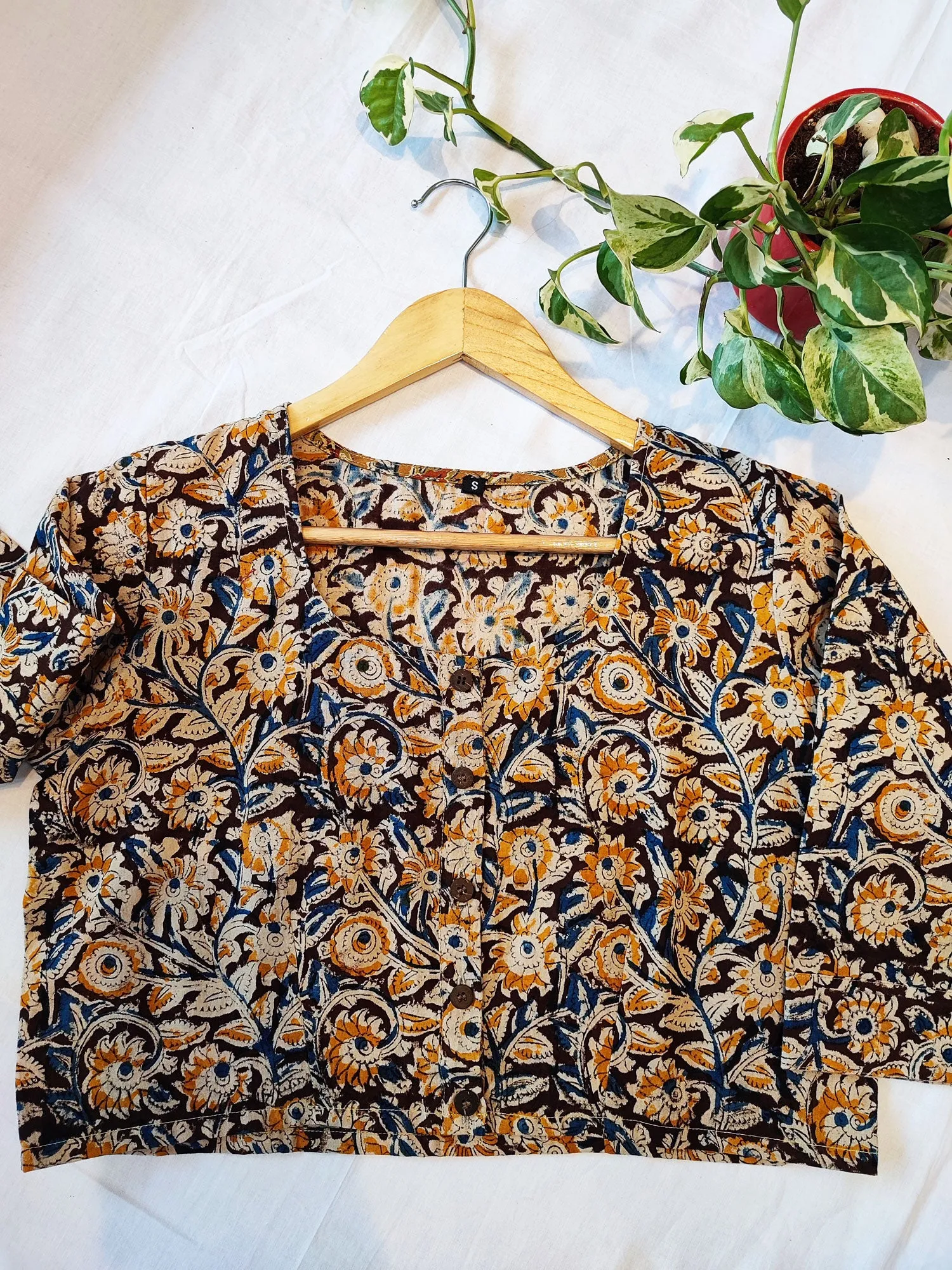 Blue & Yellow Cotton Handblock Printed Contemporary Blouse/ Crop Top