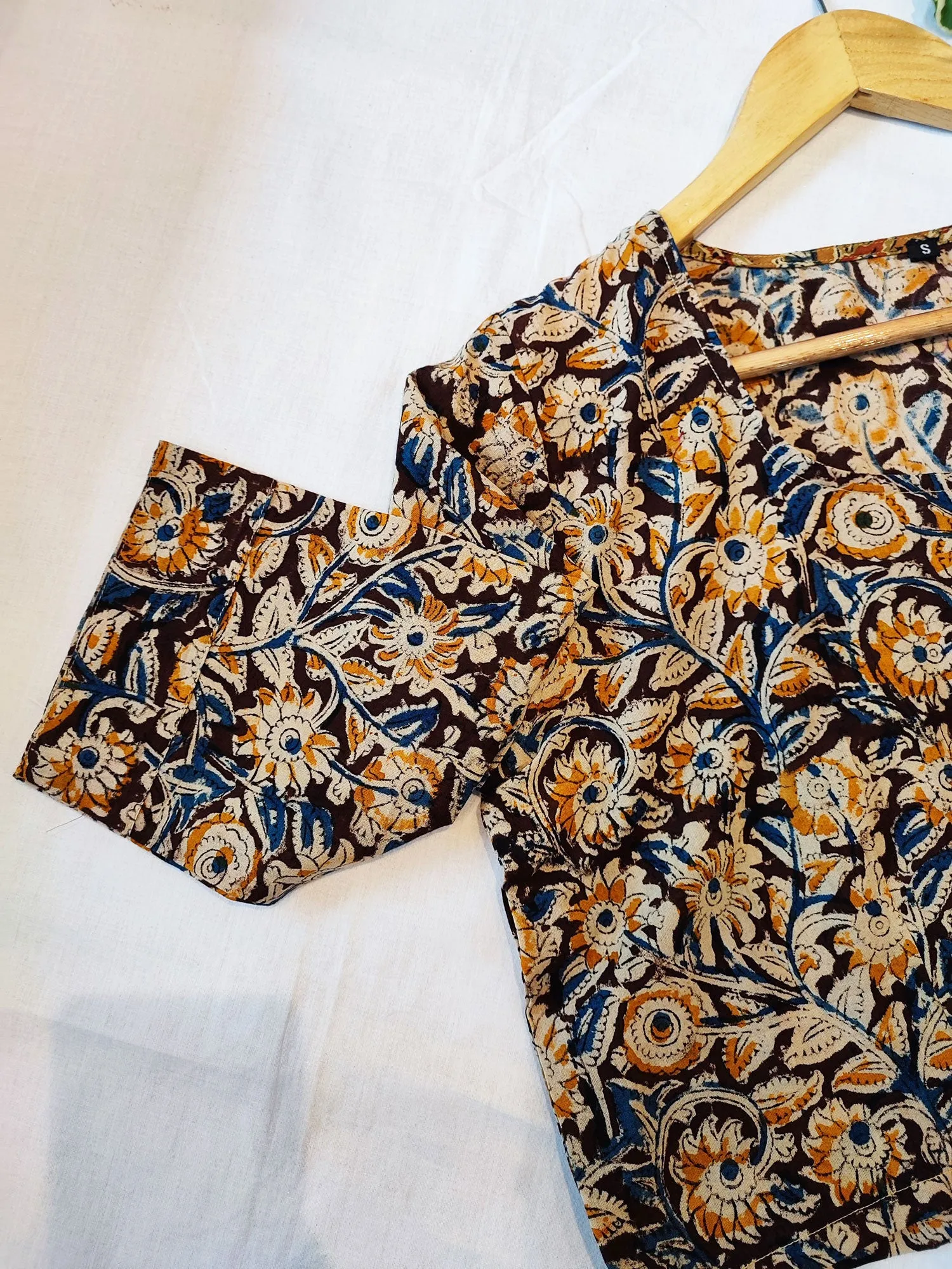 Blue & Yellow Cotton Handblock Printed Contemporary Blouse/ Crop Top
