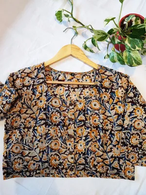 Blue & Yellow Cotton Handblock Printed Contemporary Blouse/ Crop Top