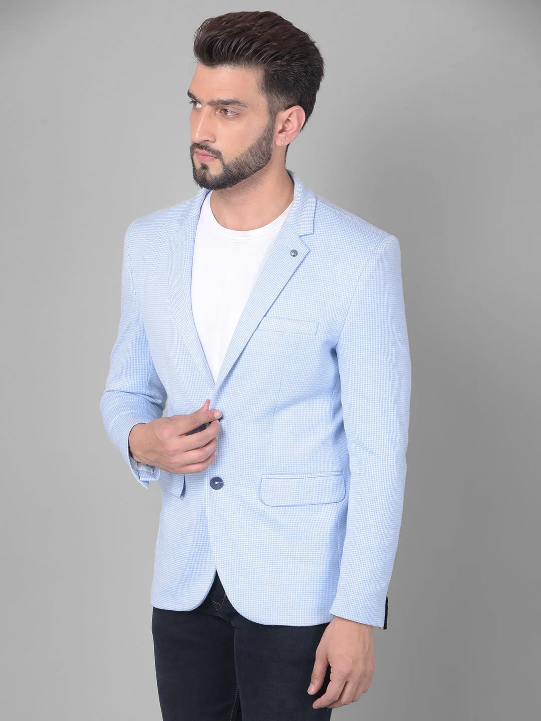 Blue Checked Single Breasted Blazer