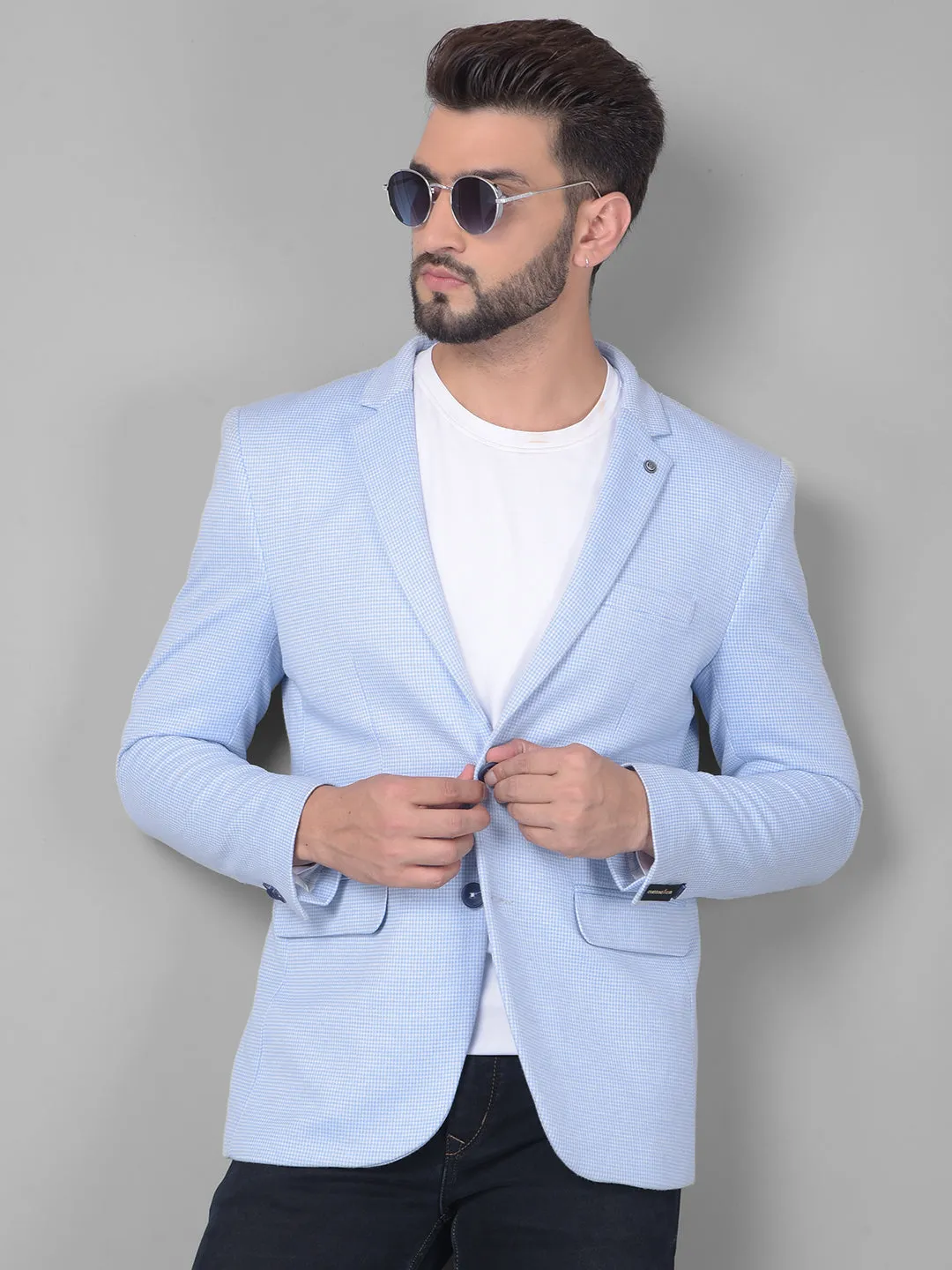 Blue Checked Single Breasted Blazer