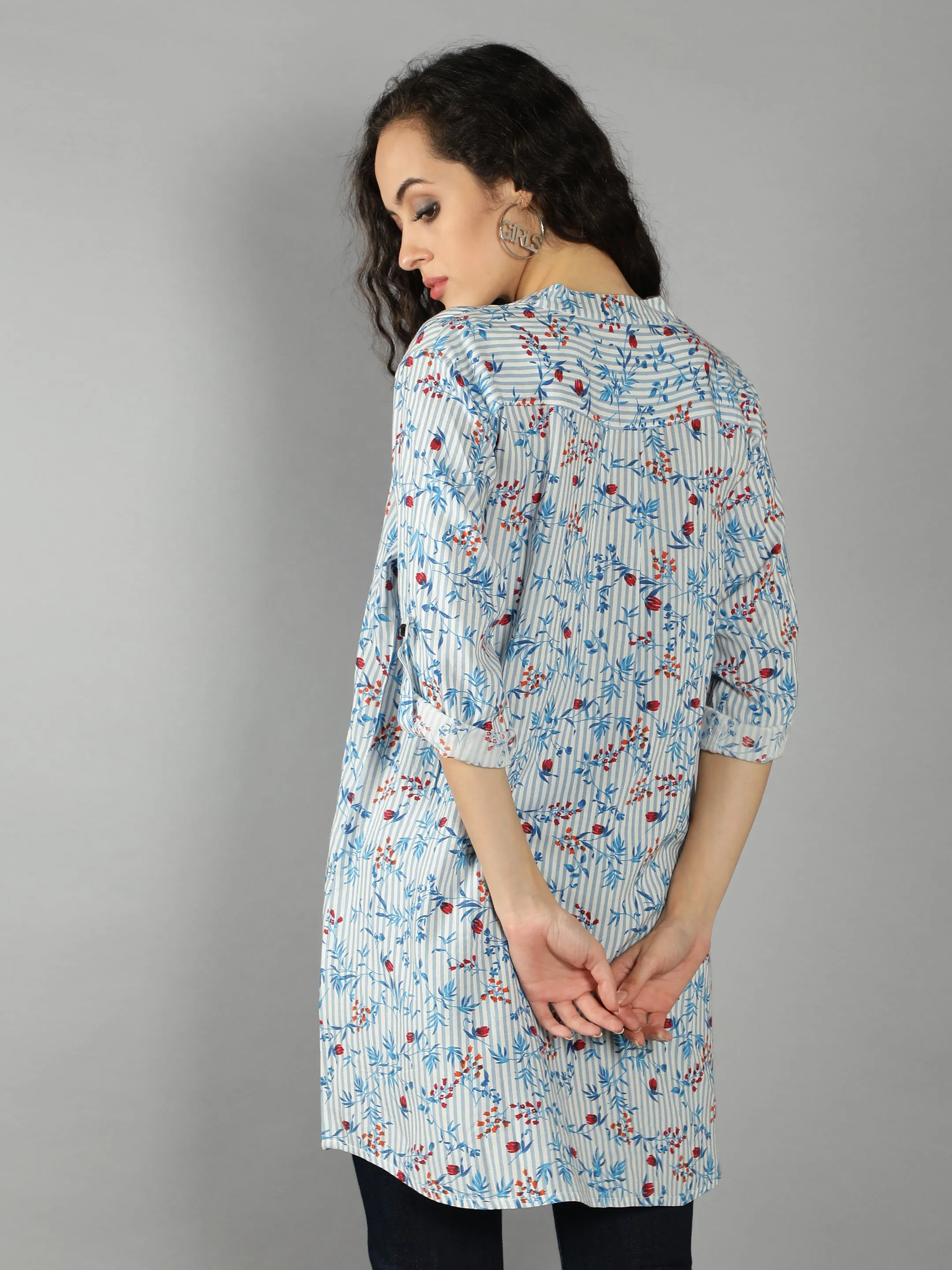 Blue Floral Smart Casual Long Shirt
