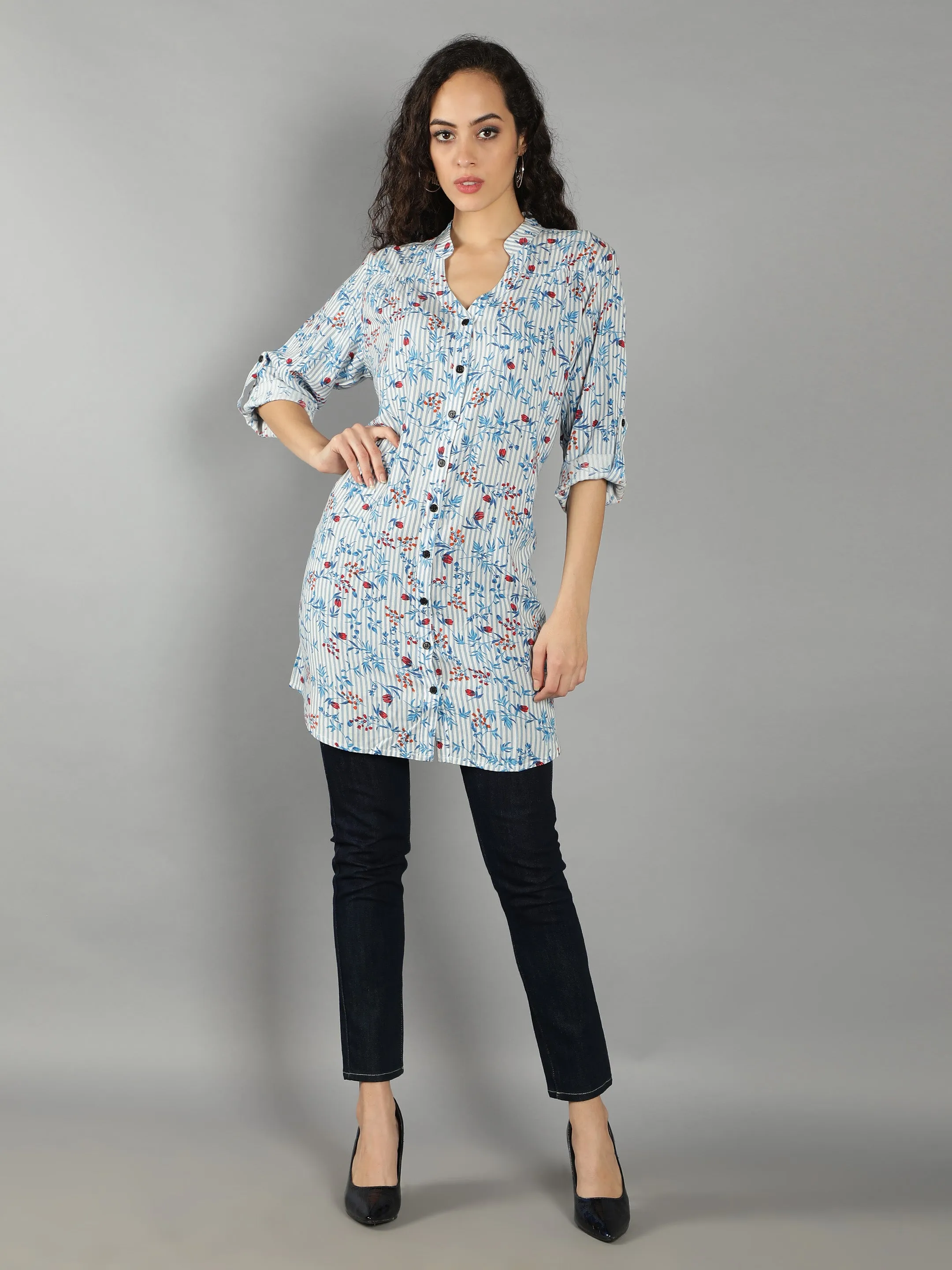 Blue Floral Smart Casual Long Shirt