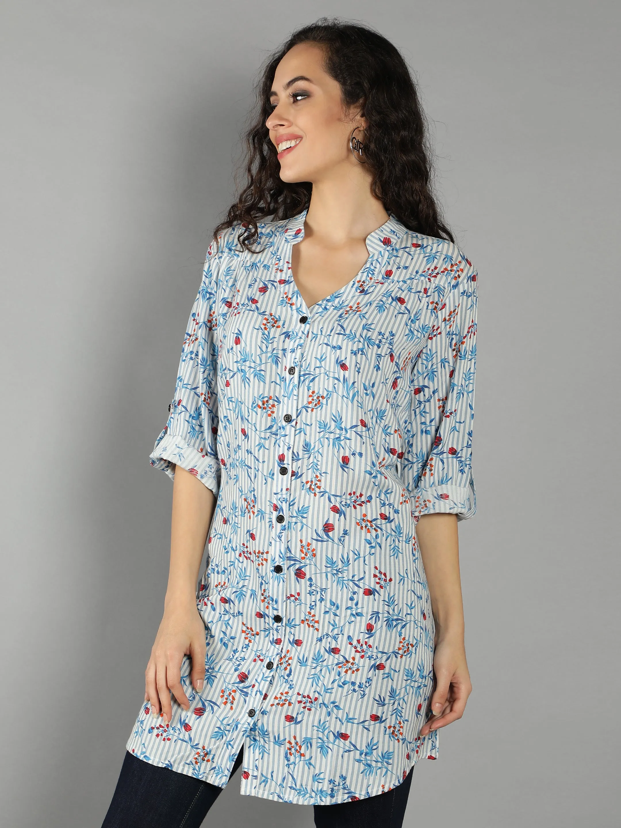 Blue Floral Smart Casual Long Shirt