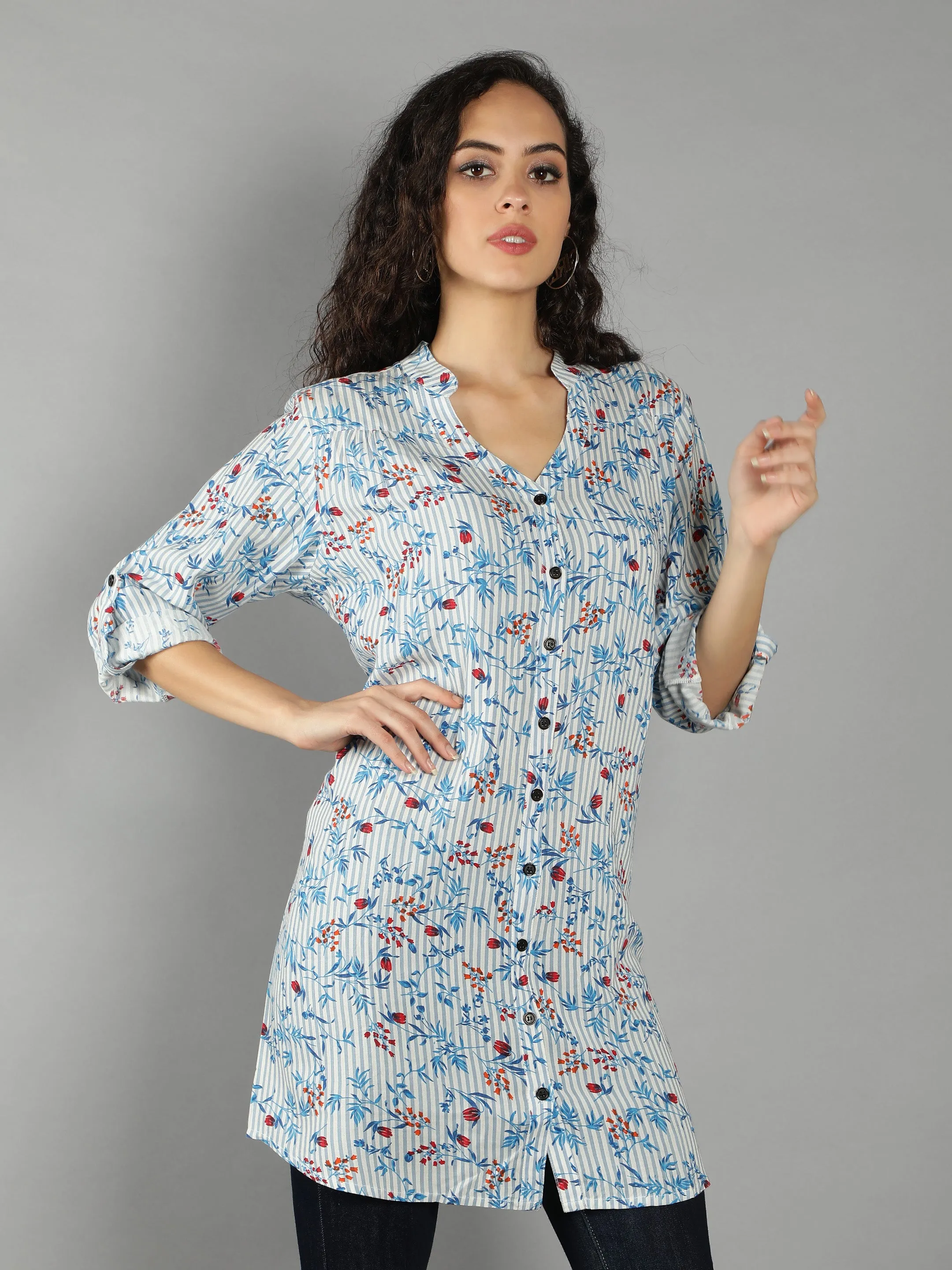 Blue Floral Smart Casual Long Shirt