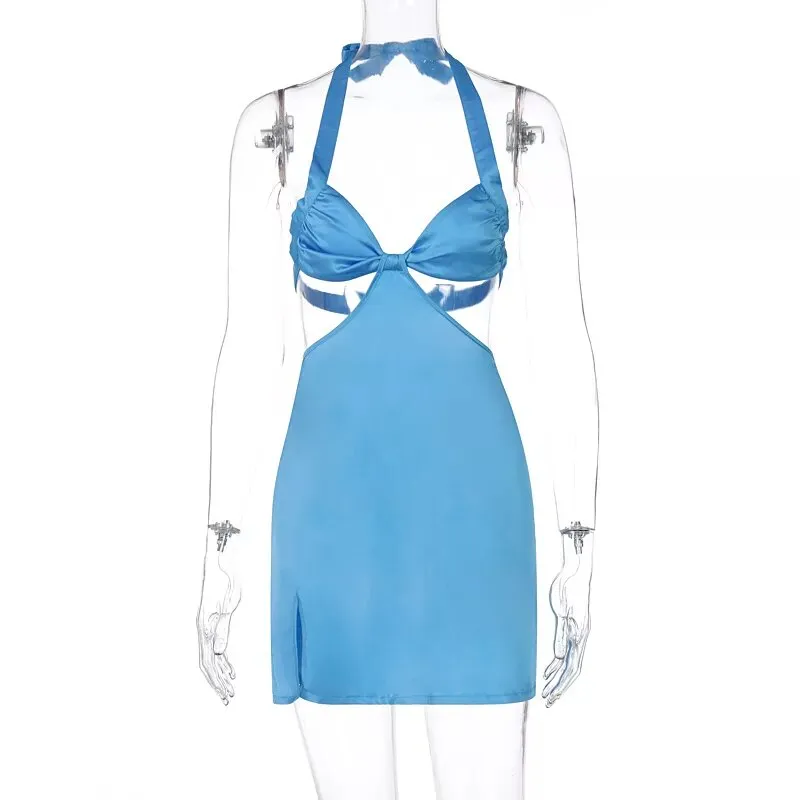 Blue satin dress with cutouts