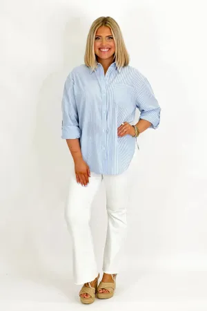 Blue Stripe Collared Long Sleeve Button Up Top