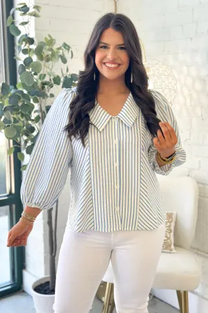 Blue Striped Collared Button Down Top