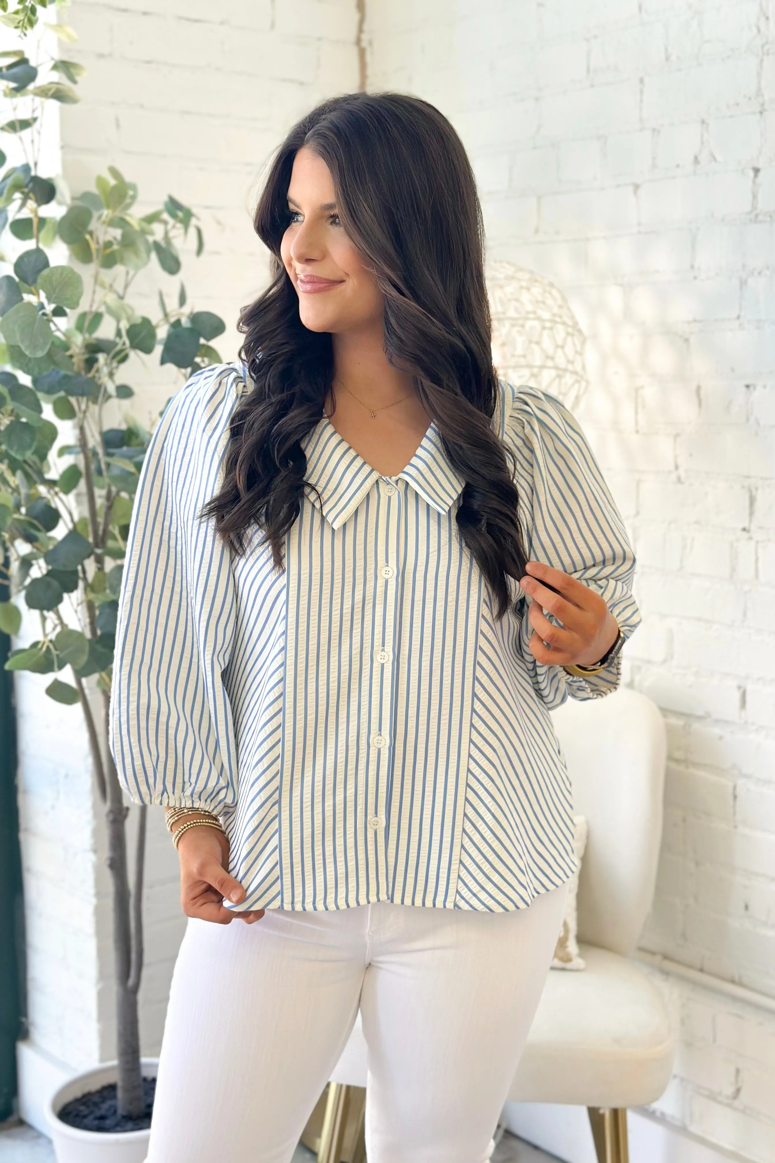 Blue Striped Collared Button Down Top
