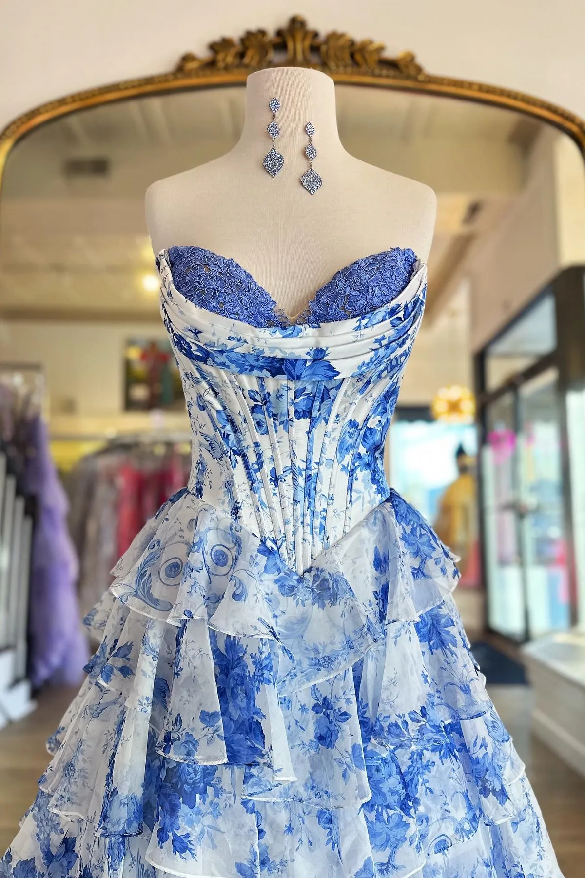 Blue Sweetheart Lace Floral Ruffle Dress with Slit