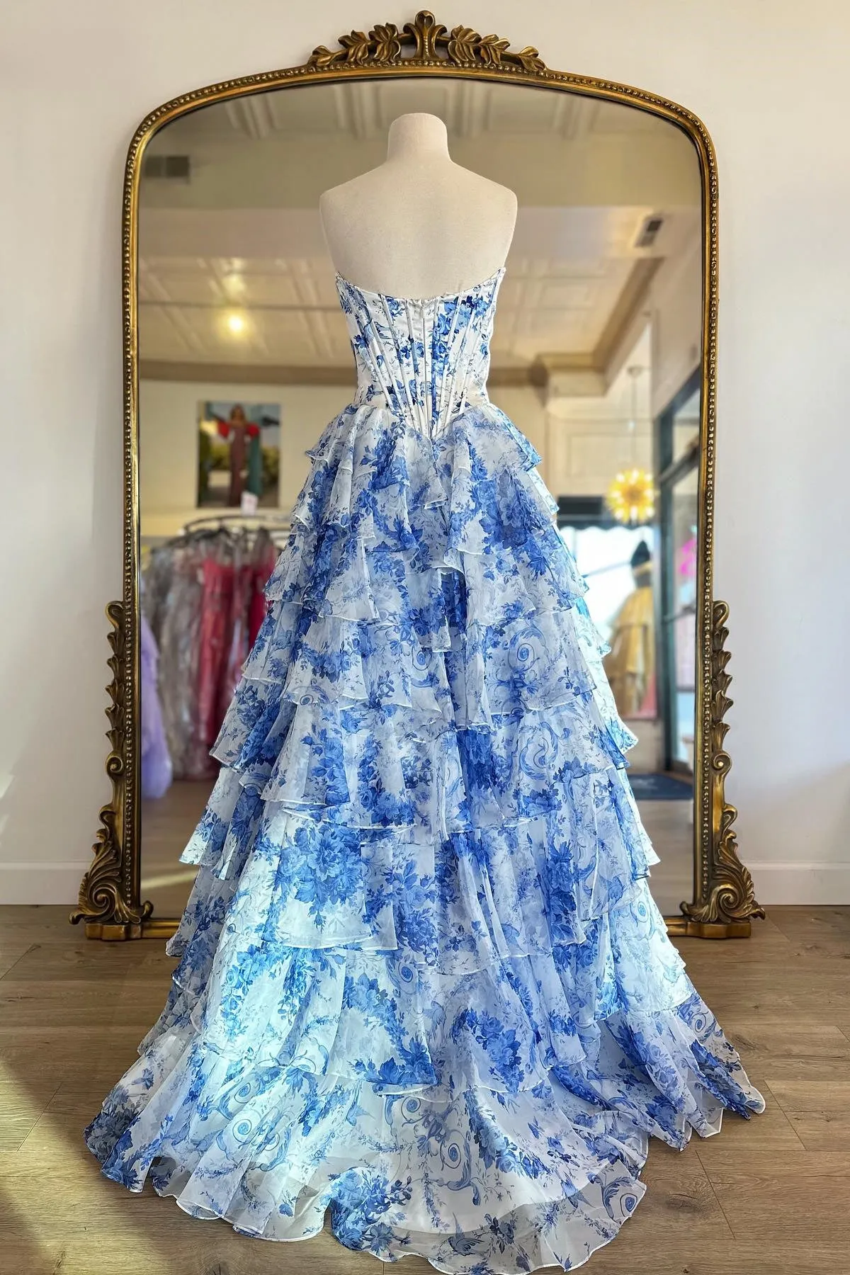 Blue Sweetheart Lace Floral Ruffle Dress with Slit