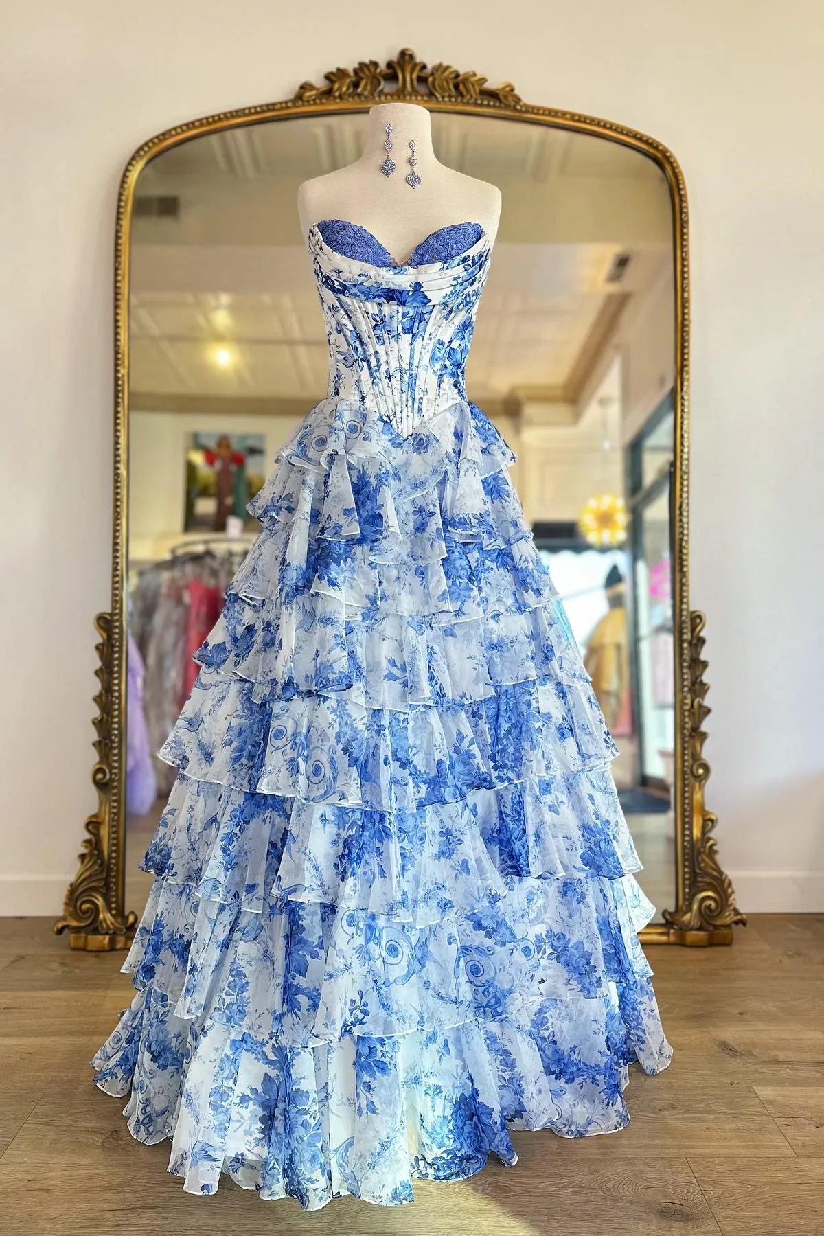 Blue Sweetheart Lace Floral Ruffle Dress with Slit