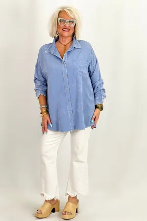 Blue Washed Button Down Long Sleeve Top