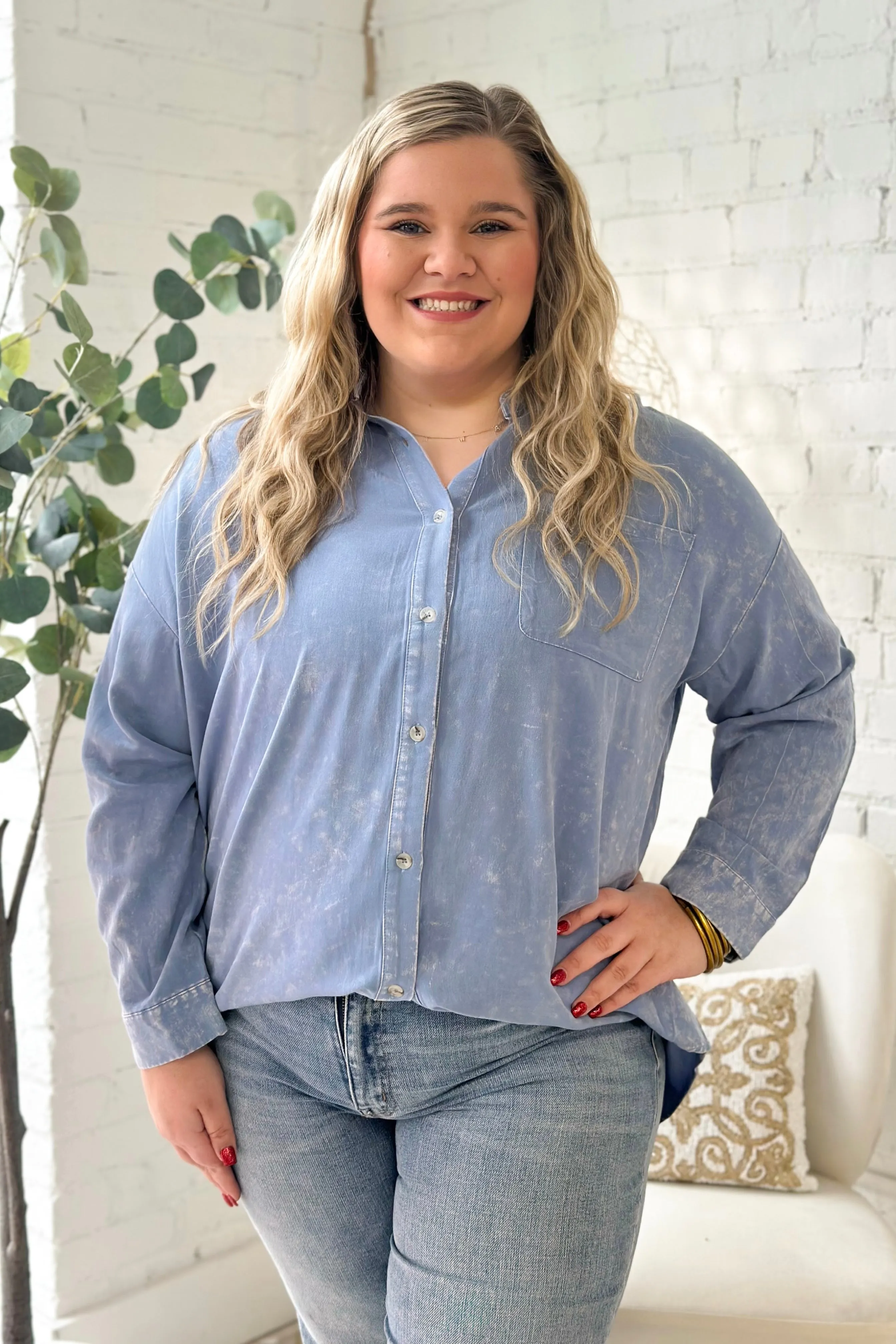 Blue Washed Button Down Long Sleeve Top
