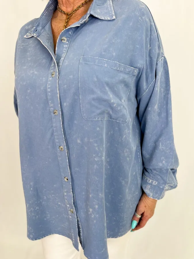 Blue Washed Button Down Long Sleeve Top