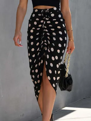 Bodycon High Waisted Drawstring Pleated Polka-Dot Split-Front Skirts Bottoms