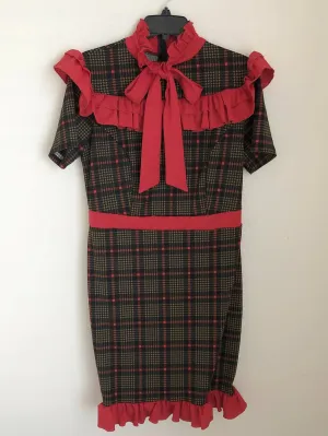 Bow tie cute ruffle plaid dress
