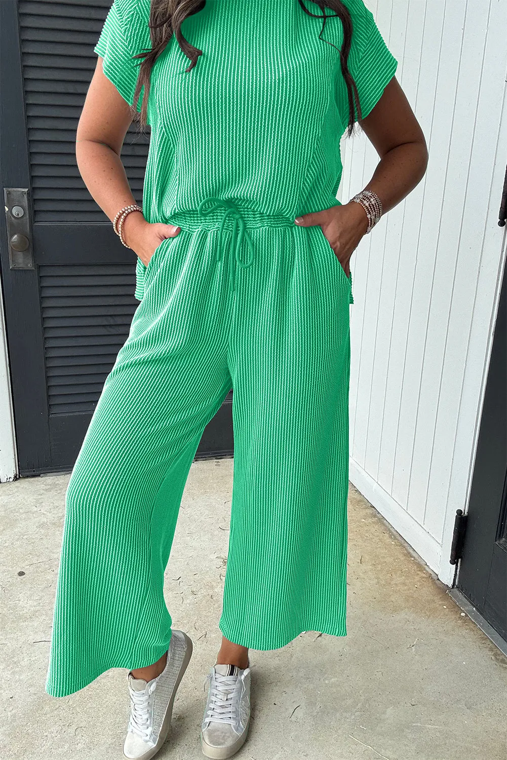 Bright Green Solid Corded Knit Short Sleeve T Shirt and Wide Leg Pants Set