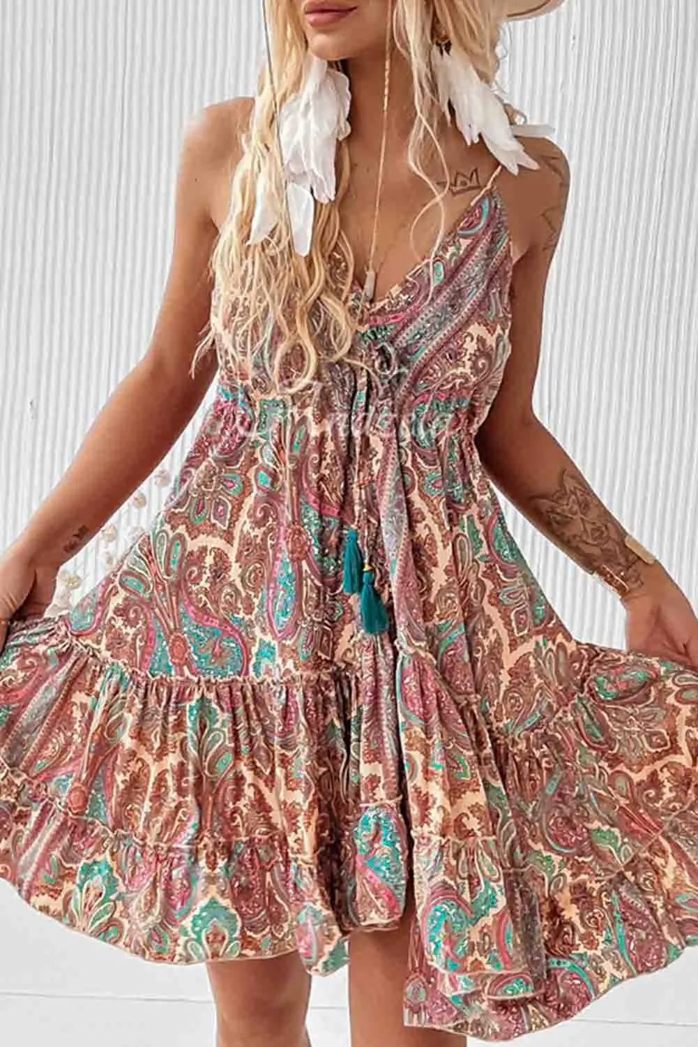 Brown Paisley Print Sleeveless V-Neck Tassel Backless Ruffle Dress