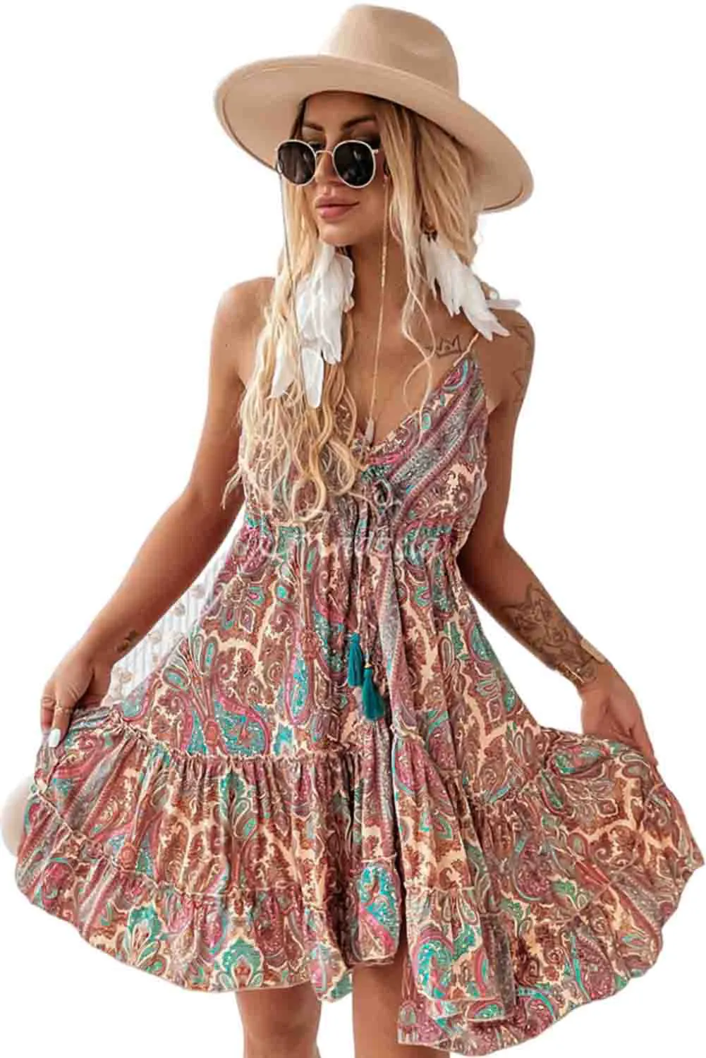 Brown Paisley Print Sleeveless V-Neck Tassel Backless Ruffle Dress