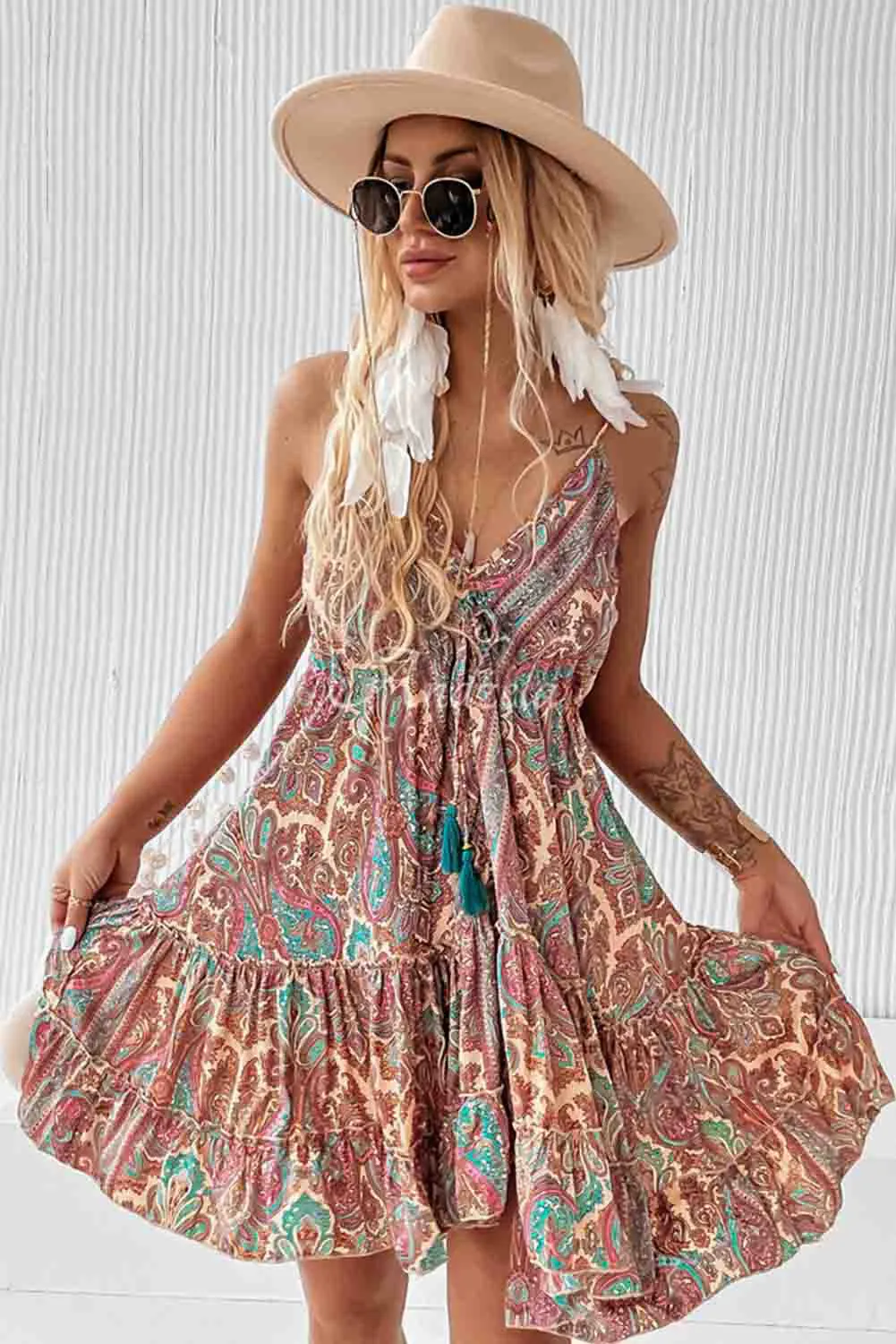Brown Paisley Print Sleeveless V-Neck Tassel Backless Ruffle Dress
