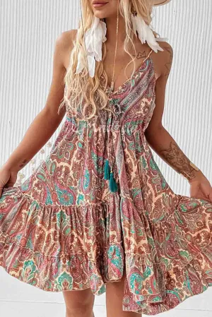 Brown Paisley Print Sleeveless V-Neck Tassel Backless Ruffle Dress