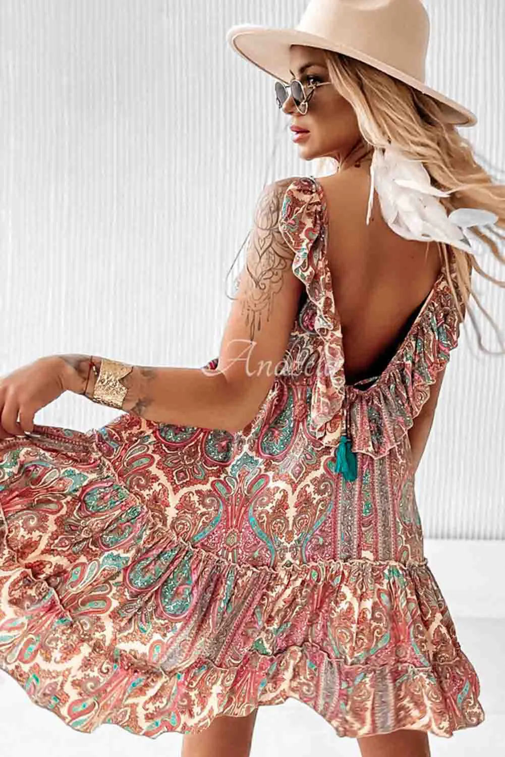 Brown Paisley Print Sleeveless V-Neck Tassel Backless Ruffle Dress
