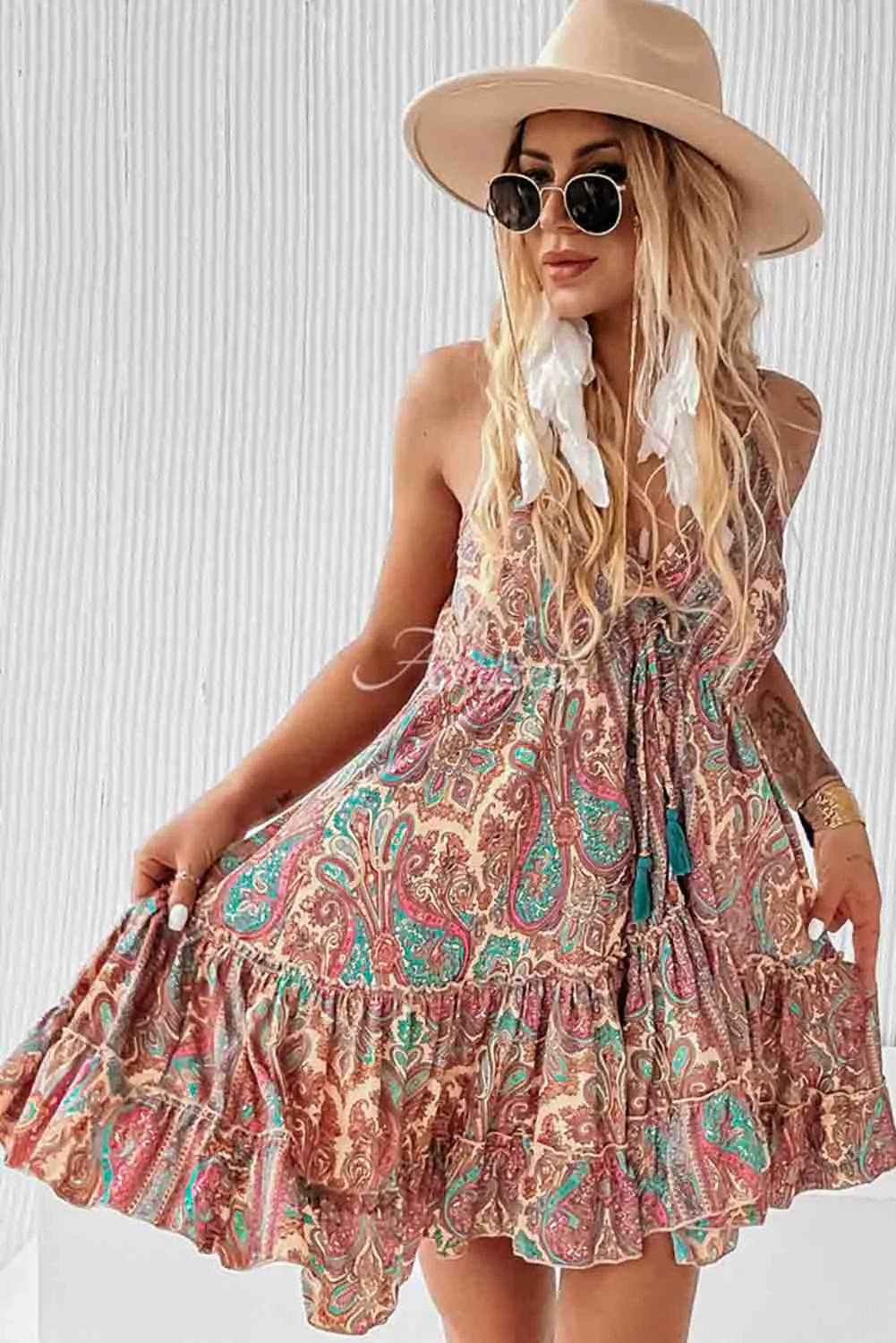 Brown Paisley Print Sleeveless V-Neck Tassel Backless Ruffle Dress