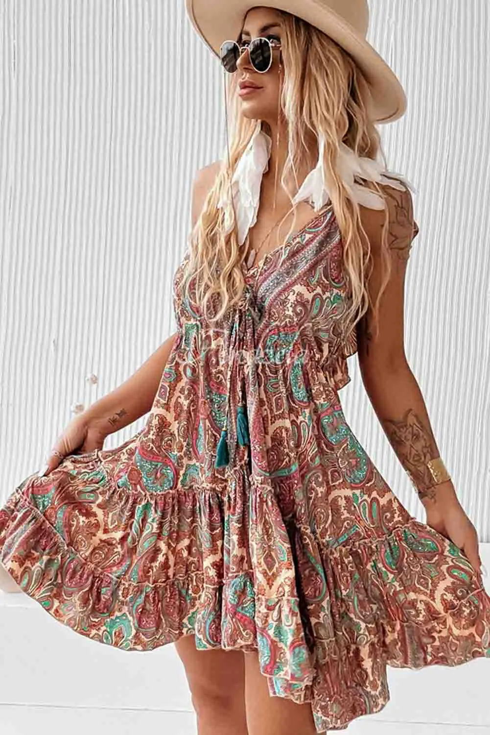 Brown Paisley Print Sleeveless V-Neck Tassel Backless Ruffle Dress