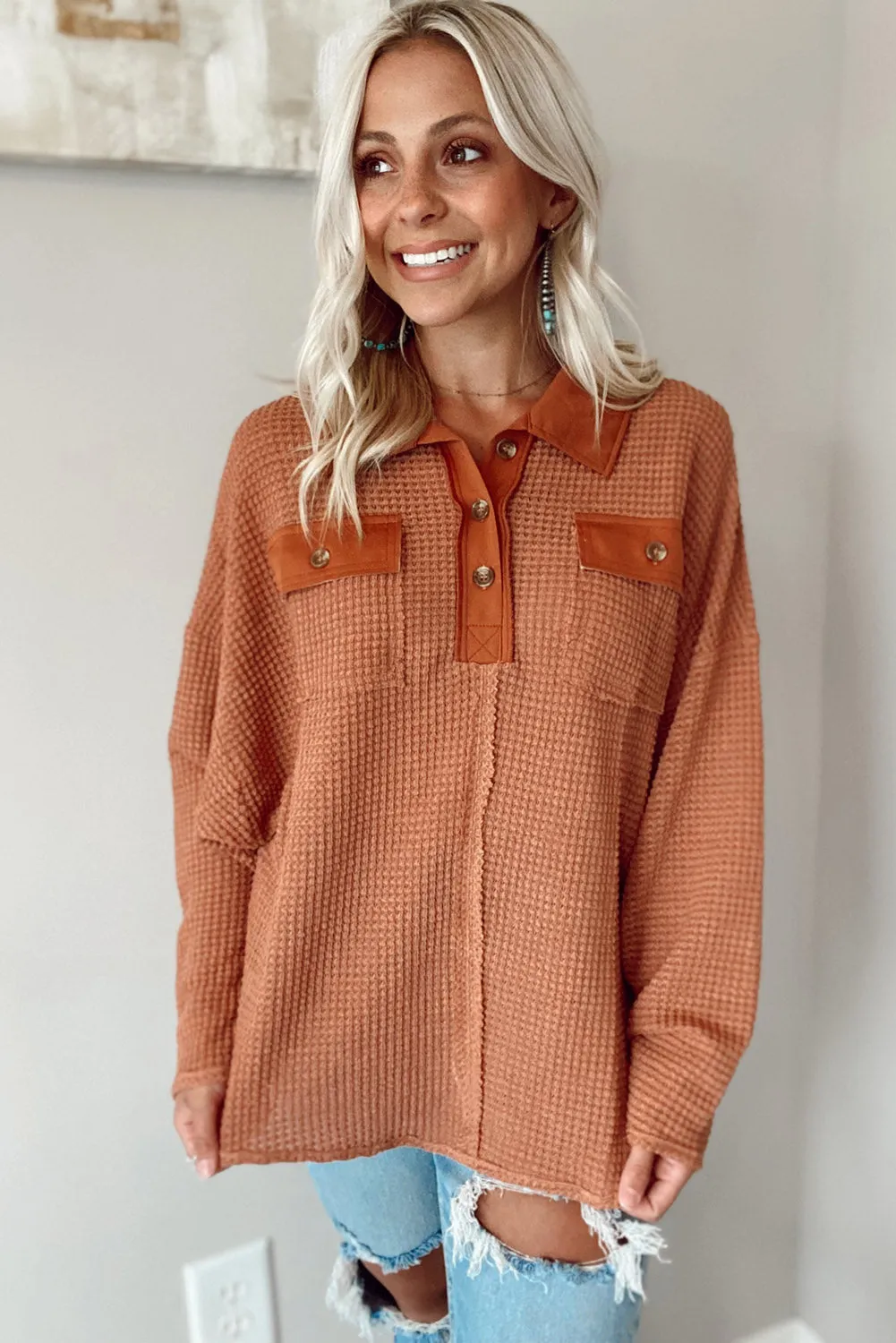 Brown Waffle Knit Button Contrast Trim Long Sleeve Top