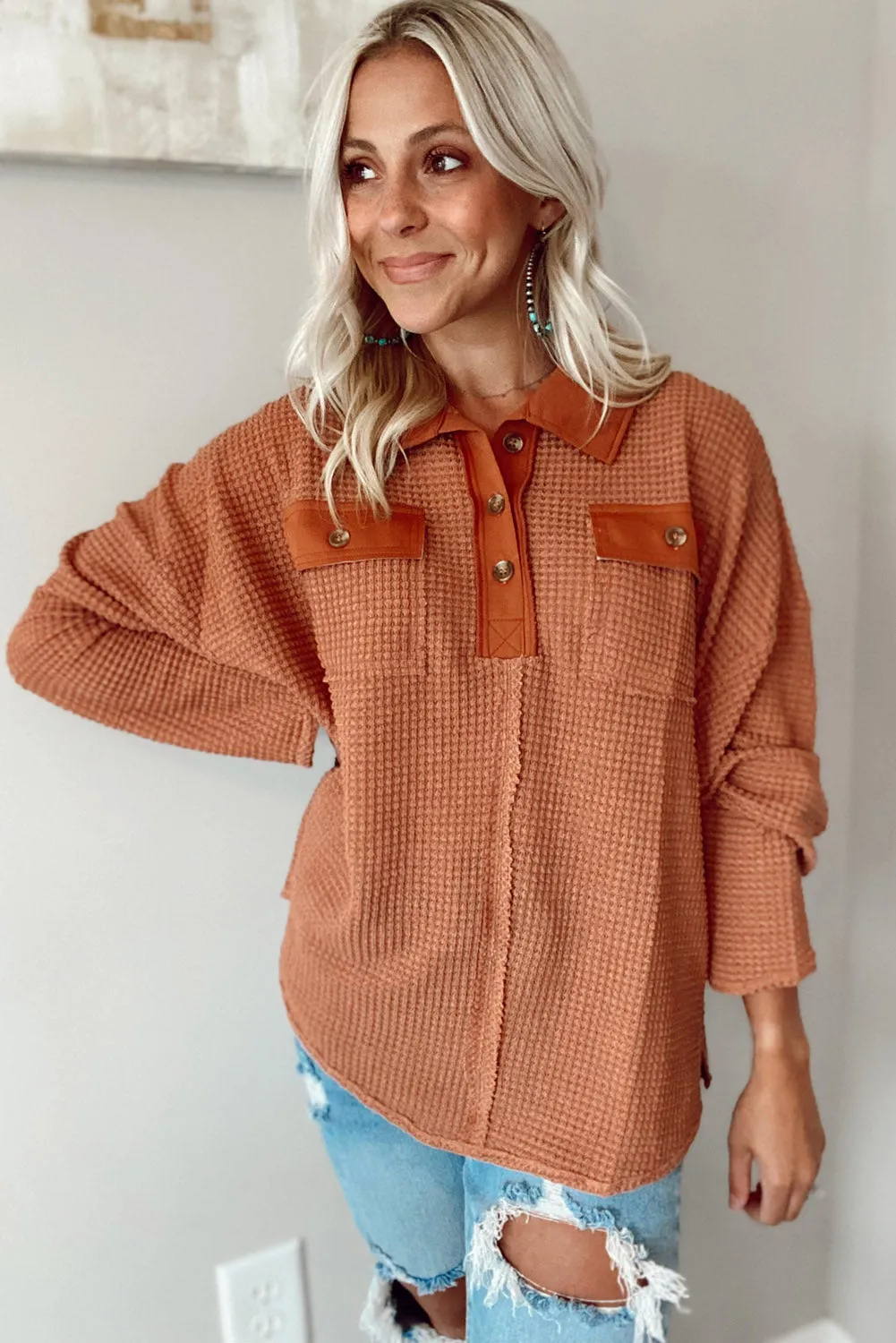 Brown Waffle Knit Button Contrast Trim Long Sleeve Top