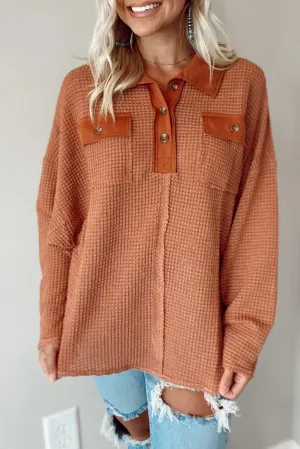 Brown Waffle Knit Button Contrast Trim Long Sleeve Top