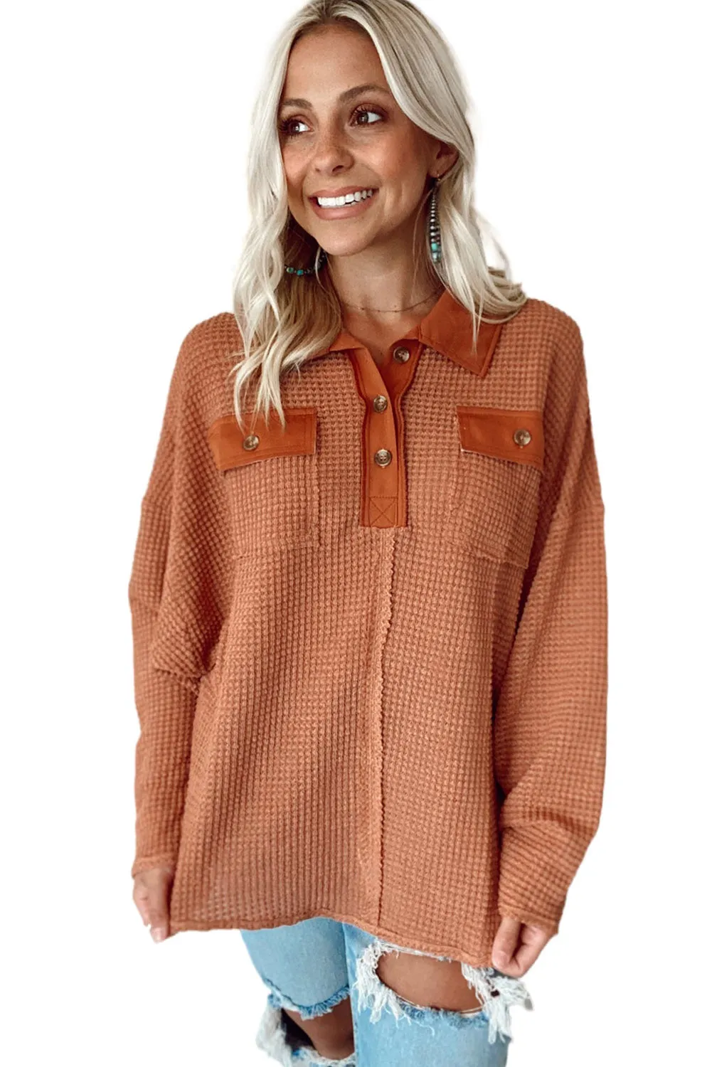 Brown Waffle Knit Button Contrast Trim Long Sleeve Top
