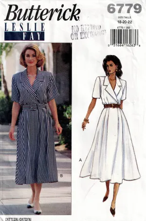 Butterick 6779 LESLIE FAY Womens Mock Wrap Shirtdress 1990s Vintage Sewing Pattern Size 18 - 22 UNCUT Factory Folded