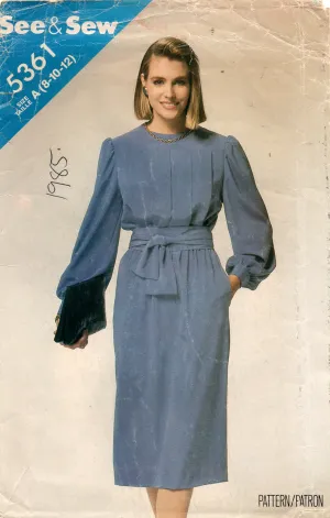 Butterick See & Sew 5361 Womens EASY Dress With Full Sleeves and Pleats 1980s Vintage Sewing Pattern Size 8 - 12 UNCUT Factory Folds