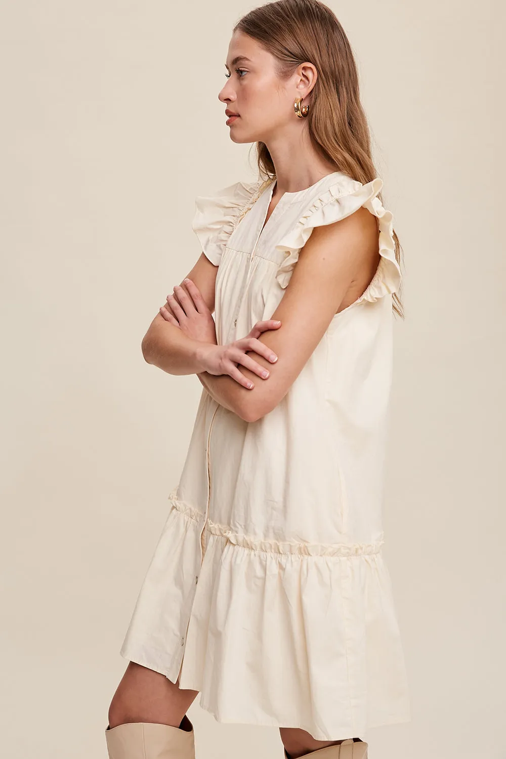 Button down Poplin Dress with Ruffle Sleeves