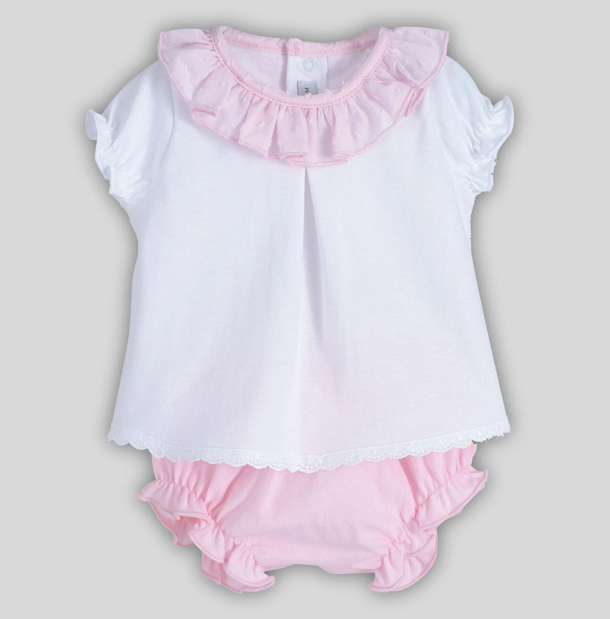 Calamaro Baby Girl 2-Piece Outfit – Pink Ruff Collar Top & Jam Pants