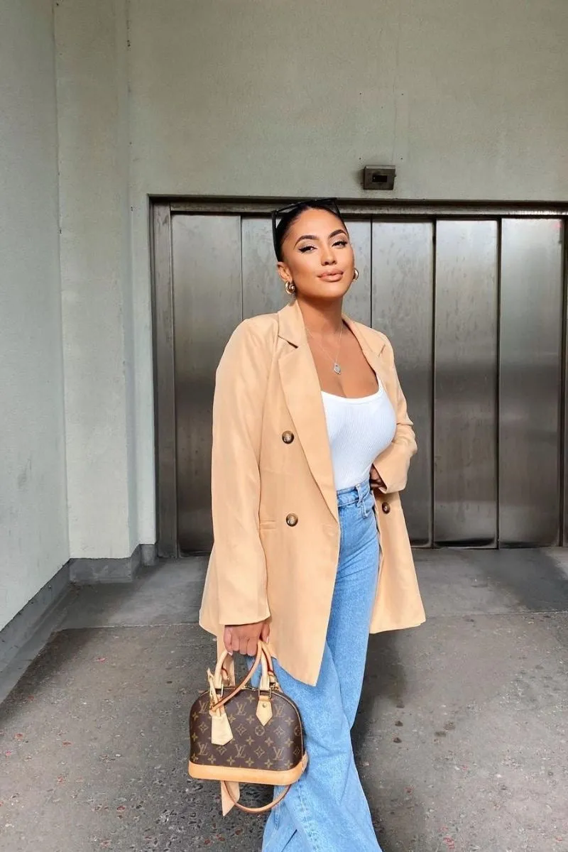 Camel Double Breasted Belted Blazer Jacket