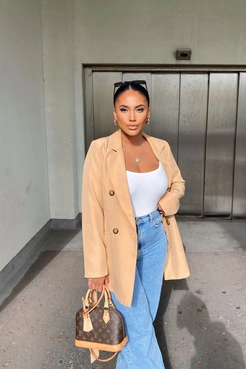 Camel Double Breasted Belted Blazer Jacket